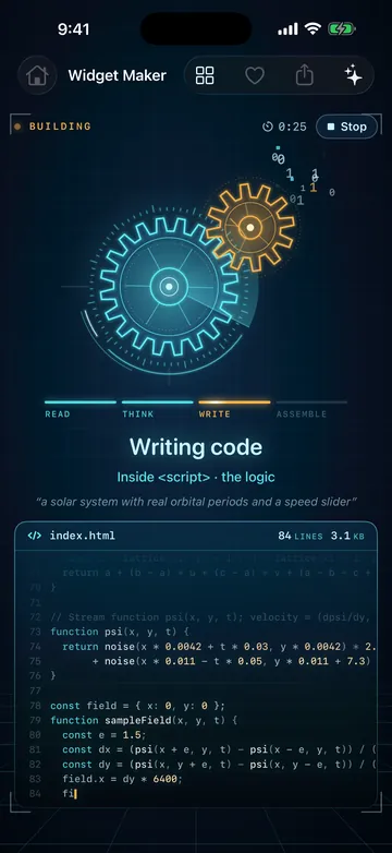 WidgetMaker building: meshing holographic gears above the code as it is written