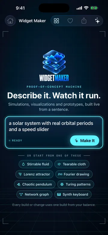 The WidgetMaker home screen: a sentence typed into the prompt, with preset ideas below it