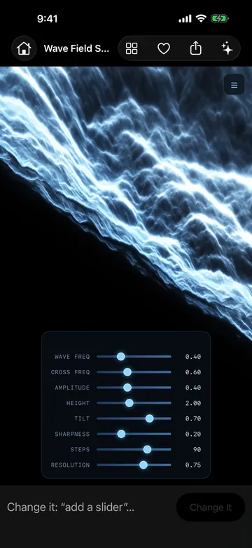 A running wave-field shader with sliders for every factor, and a Change it field below